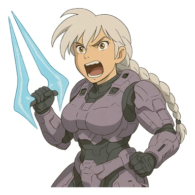 female, wearing reach spartan armor default, long white braid hair with massive messy front side single bangs, gold yellow eyes, attention pose, HALO:series, no helmet, the armor is lavender color scheme, shoulder pad off. DDD bust size fitting. Punk gothic cyberpunk, brandishing a covenant energy sword, preparing to swing and yelling sticker