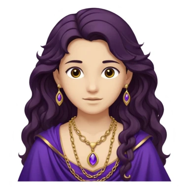 Libera from Olympus Gods with long dark brown wavy hair, dark purple stola sticker