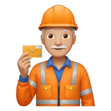 older engineer hi-vis orange overalls full body holding a card sticker