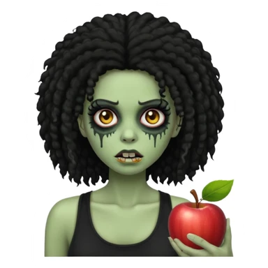 a female zombie with sage green skin, black long afro hair, eyelashes and a black tank top in apple emoji style sticker