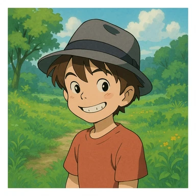 boy with a tilted gray fedora, playful smile, lush scenery, Ghibli style sticker