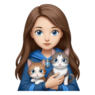 gorgeous Girl with light skin, blue eyes, long brown hair, wears a ravenclaw outfit, with a grey and white cat holding in her arms sticker
