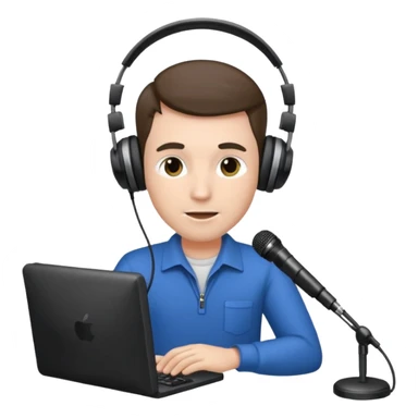 Man with headphones and microphone with computer. Operator sticker