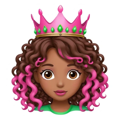 Brown girl diva long curly brown hair with pink and green crown sticker
