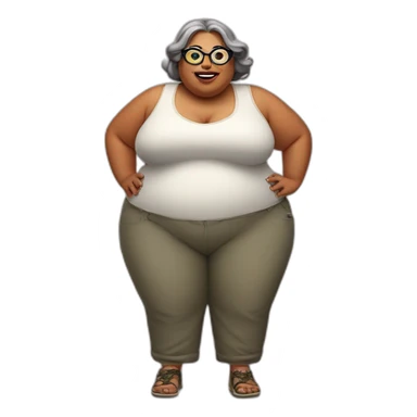Fat woman with hearing aid and wide pants with snake glasses with big ears sticker