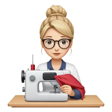 Woman with glasses in white shirt meme with messy bun using a sewing machine  sticker