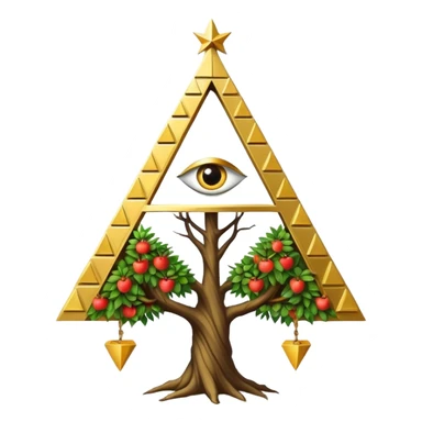 Annunaki tree from Garden of eden, that is actually a ancient tech antenna with illuminati all seeing eye in traingle symbol at the top and with little pyramids hanging like apples sticker