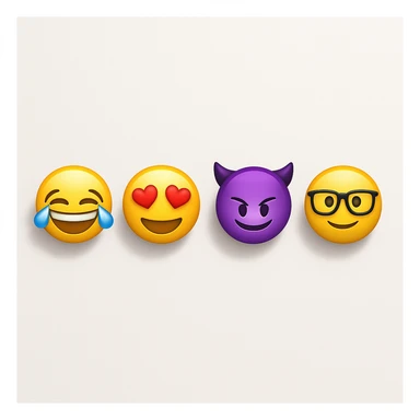 make four emojis on white background with good amount of shadow, four emojis of smiley's only. one laughing, second heart eyes, third purple devil and four black glasses emojis  sticker