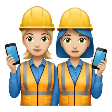 Um homem e uma mulher amarelos com capacete de obras ambos azul escuro e camisa social cinza com faixas refletivas verdes nos braços, Um deles deve estar segurando um megafone de avisos sticker