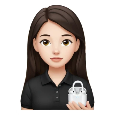 Girl with long dark brown hair with airpods wearing a black wegmans grocery store polo sticker