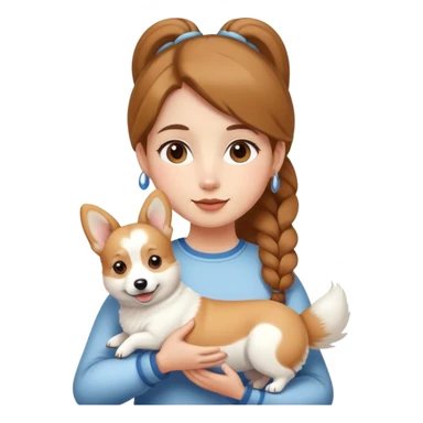A girl with a brown ponytail holding a white corgi sticker