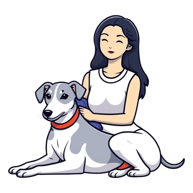 Very thin Chinese woman with long black hair relaxing in a luxurious hotel suite with exactly ONE whippet dog. EXTREME IMPORTANCE: the whippet must be ONE SOLID MEDIUM GREY COLOR (not too dark, not too light) from nose to tail with ABSOLUTELY NO WHITE MARKINGS anywhere - NO white on face, NO white on muzzle, NO white on chest, NO white on paws, NO white on tail - NOTHING BUT A SINGLE SHADE OF MEDIUM GREY throughout the entire animal sticker