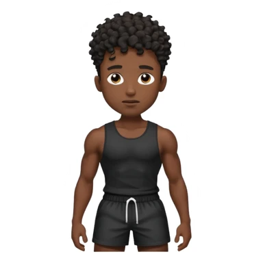 Ripped, athletic man with thick neck, high top fade with no part, curly hair only top only, no shirt and show waistline up, black shorts and more man face sticker