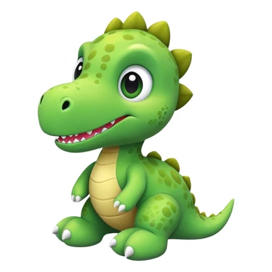 A green plush toy dinosaur with big eyes and a cute smile sticker