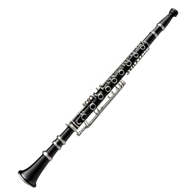 Create an emoji, representing a black standard clarinet. The design should feature a smooth, glossy black body of the clarinet with shiny, silver keys clearly visible. Highlight the intricate details of the mouthpiece and reed at the top, while the body of the instrument should remain simple and elegant. Add subtle musical notes or soundwaves floating around the instrument to symbolize its clear, melodic sound. Use black for the body, silver for the keys, and soft lighting effects to give the instrument a polished, sophisticated look. The background should be transparent. sticker