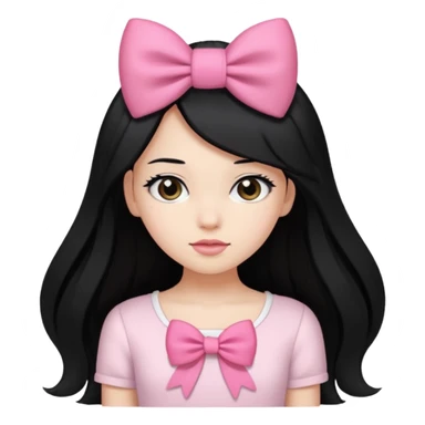 Girl with long black hair with pink bow only on the hair white top sticker