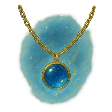 gold chain floating in midair with a deep blue starry stone, glowing faintly, shimmering like liquid gold, mystical aura sticker