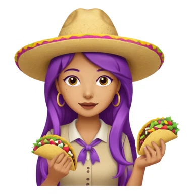 woman holding taco with purple long hair and hat on head  sticker