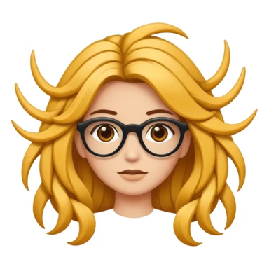 Uma garota de cabelos encaracolados compridos e mechas bem loiras, com pele morena  e óculos sticker