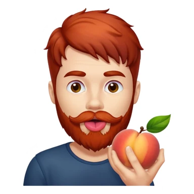 Dark haired Man with red beard licking peach sticker