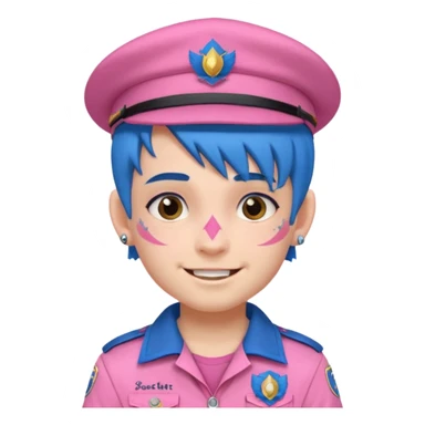 scout boy with very pink scout uniform, blue haired and hat, heavy face tattoed sticker
