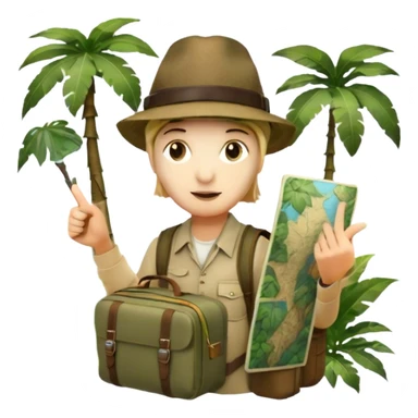 Icon for Travel Documentary: A vintage TV-style design with a traveler pointing backward, telling a story in the jungle. Include lush greenery, exotic animals, and a backpack. The traveler should be wearing a hat and holding a map. Retro, informative TV style. Transparent background. sticker