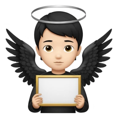 Asian Boy Angel with black hair black halo and black wings holding a large blank sign sticker