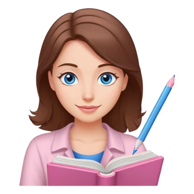female happy writer, romantic, brown haired, fair skinned and blue eyed writing a light pink romance book sticker