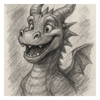 a friendly dragon with a big smile, pencil sketch style sticker