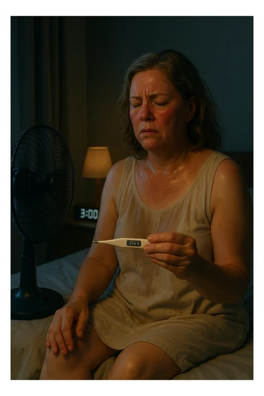 50-year-old woman sitting on bed at 3AM, nightgown soaked in sweat, face flushed as she holds thermometer showing 37.8°C, fan blowing directly on her sticker
