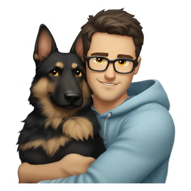 a handsome guy (dark brown hair, light blue colour eyes, thin stylish black glasses with hoodie) hugging a dog (grey colour german shepherd, yellow/brown eyes) sticker