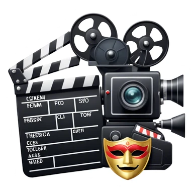 Icon for Acting in Theater and Movie: a stage with a spotlight and cinema, a film camera, a clapperboard and a dramatic mask. The design should represent both theatrical performance and cinematic art. Transparent background. sticker
