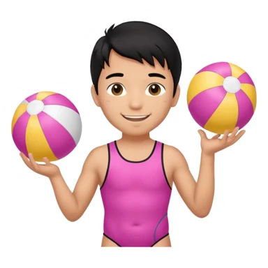 Hawaiian boy with black hair with pink highlights and a swimsuit, with beach ball sticker