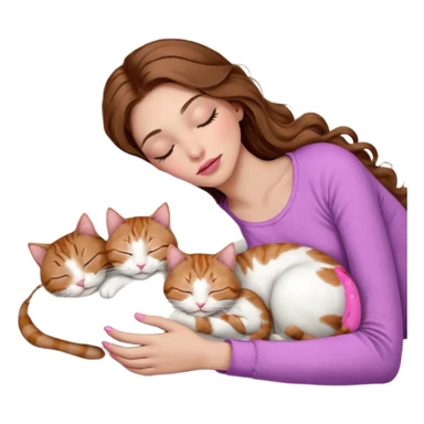 girl with long wavy brown hair, brown eyes, long lashes makeup, sexy pink lips, light to medium complexion,  sleeping on a cozy pillow, with 6 cats: 1 brown and white tabby cat, 1 ginger and white, 2 grey and white, 1 grey with white mittens and small white patch on chest and 1 calico, sleeping sticker