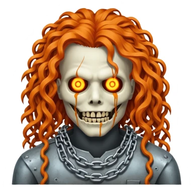 cinematic Megadeth - corpse made of rusty metal with chains on its teeth, huge curly orange hair sticker