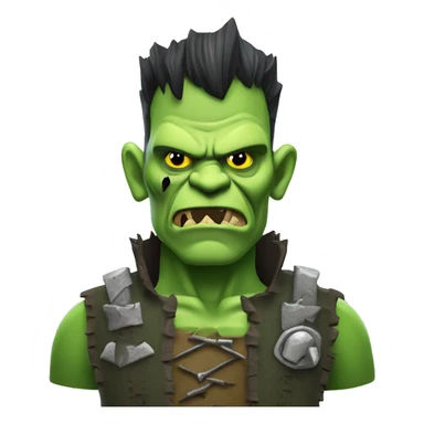 Orc Frankenstein with bolts in neck, stitched green skin, patchwork outfit, Halloween theme, emoji sticker