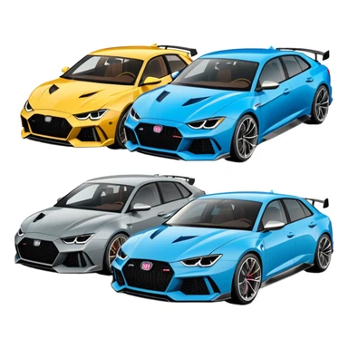 three cars lineup fromt profile forming a semi circle with a lamboghini svj an bmw m140i and a audi ra6 sticker