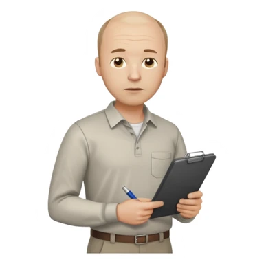 man mid 30's tired shirt and trousers balding hairline standing holding a clipboard sticker