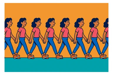 animated sequence of a woman walking on a horizontal runway, step-by-step walking frames, vibrant toon style sticker