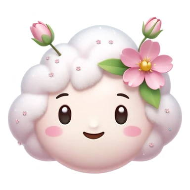 A kawaii-style 3D emoji of a fluffy white thought bubble with a soft texture, decorated with cherry blossom flowers, small tulips, sparkles, and a gentle pastel tone. The emoji has a dreamy and spring-like aesthetic, resembling official Apple or WhatsApp emoji style. Clean white background.

 sticker