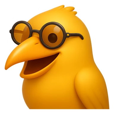 Make the bird emoji more emoji-like but keep the detailed, slightly cartoonish style of the reference. Smooth out the feather texture just a bit, add a subtle emoji shine, and keep the orange beak and round sunglasses. Bird with a big smile. No background. sticker