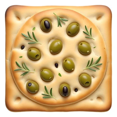 cinematic-realistic-focaccia-bread-dish-emoji,-depicted-as-a-golden,-olive-oil-brushed-flatbread-sprinkled-with-herbs-rendered-with-lifelike-texture-and-soft,-appetizing-lighting showing olives on top  sticker
