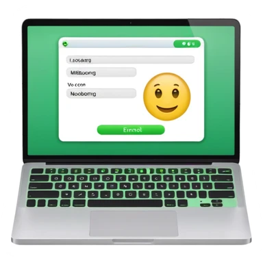 A emoji-style illustration of a laptop front facing with its screen showing onboarding form. On the screen, display a small white form card with a few input fields no labels. Add a bright green button at the bottom of the card no label. fix the keyboard letters. sticker