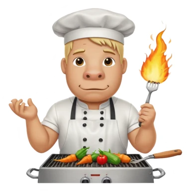 hippo man with tied blond hair and and a white apron grilling vegetables on a sizzling grill sticker