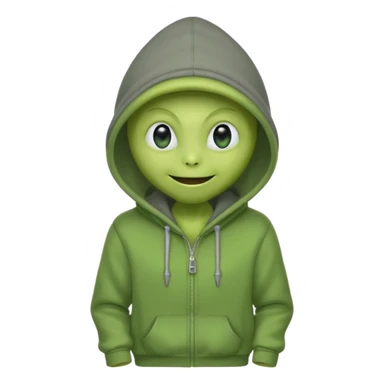 green alien in gray hoodie full height, wear hoodie hat, happy sticker