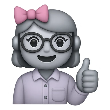 Make the recruiter robot emoji even cuter and more feminine with different hairstyles and accessories like bows or glasses. Style should be apple style, flat, and metallic. The robot is giving a thumbs up, dressed in business casual. Transparent background. sticker