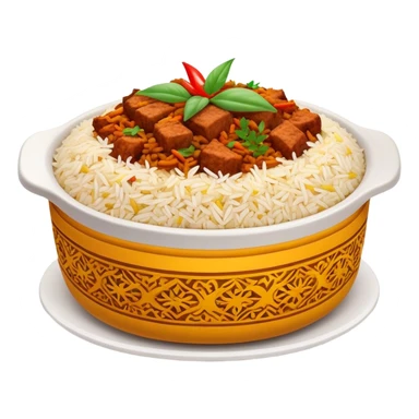Cinematic Realistic Biryani Dish Emoji, depicted as aromatic basmati rice layered with spiced meat and herbs rendered with vibrant textures and warm, inviting lighting. sticker