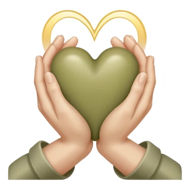 Hands joined in prayer with a pale olive heart sticker
