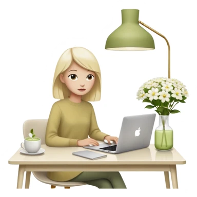 realistic macbook computer, fashion/interior magazines, flowers in a little vase, louis poulsen portable lamp with a dimmed cozy light and a iced matcha. very scandinavian aesthetic sticker