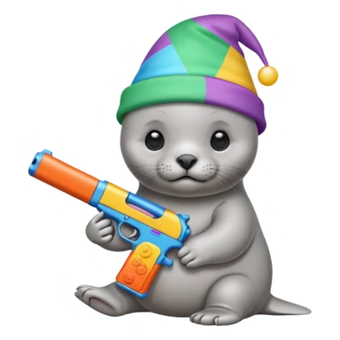 Baby seal wearing birthday hat holding a gun sticker